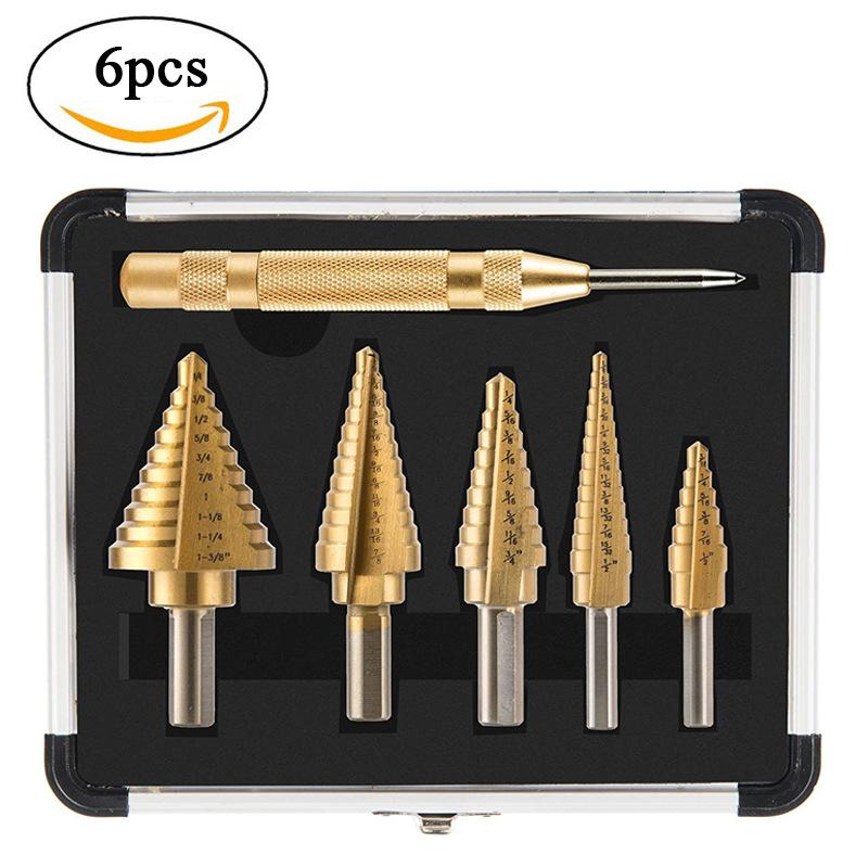 

6 шт. 1/4 3/8 дюйма HSS прямое ступенчатое сверло с титановым покрытием дерево металл фреза коронка сверлильный инструмент набор сверл