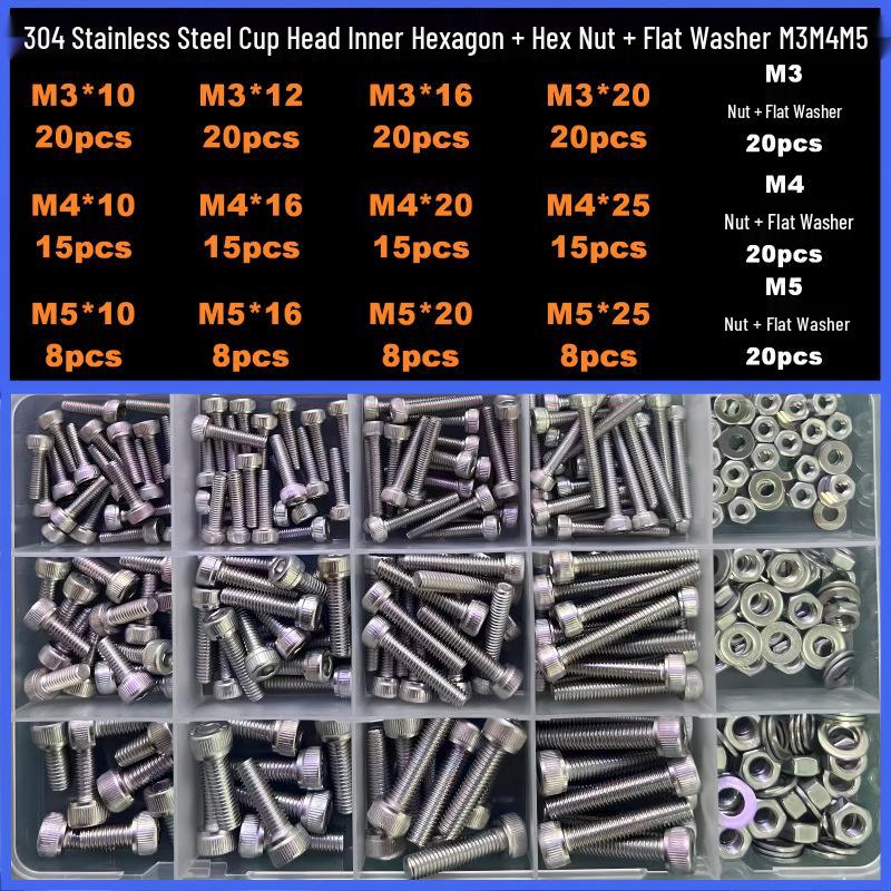 360-teiliges hochfestes Grad 12.9 Innensechskantschrauben- und Sechskantmutter-Set (M3, M4, M5, M6)