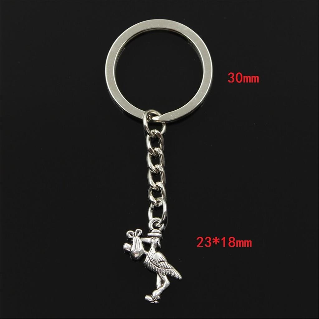 New Fashion Men 30mm Keychain DIY Metal Holder Chain Vintage Stork Baby Bird 23x18mm Silver Color Pendant Gift