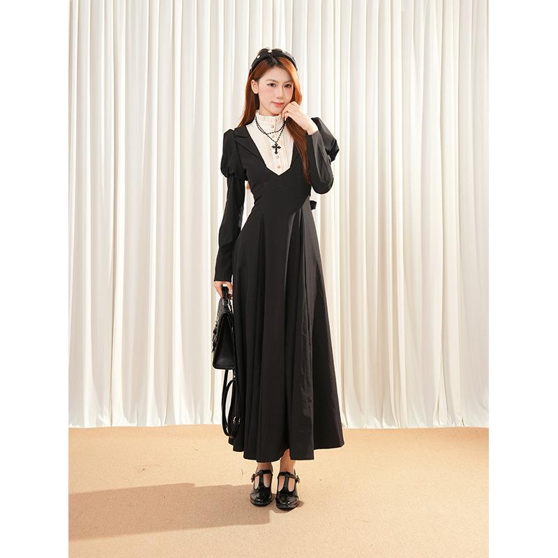 Gothic Lolita Retro Schwarz Farbblock Puffärmel Taillenbetonendes Langes Kleid