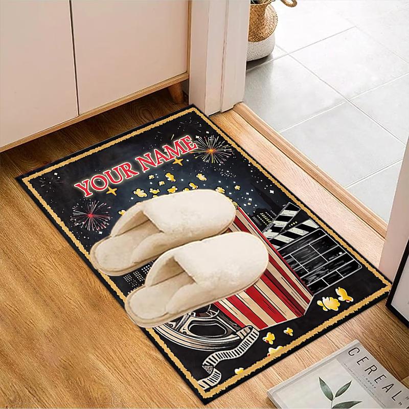 1PC Custom Name Movie Night Popcorn Party Theme Floor Mat Ideal for Living Room, Game Rooms, Office, Bedroom Floor Mat Playful Design