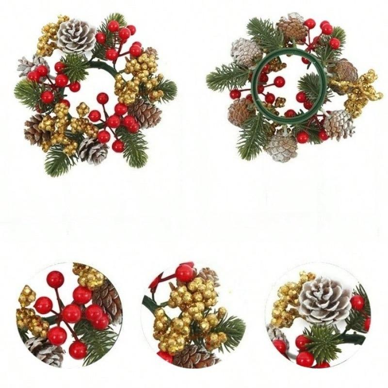 2Pcs Artificial Pinecone Christmas Wreath, Christmas Floral Candle Holder, Tabletop Home Decor Ornament, Festive Atmosphere Decoration