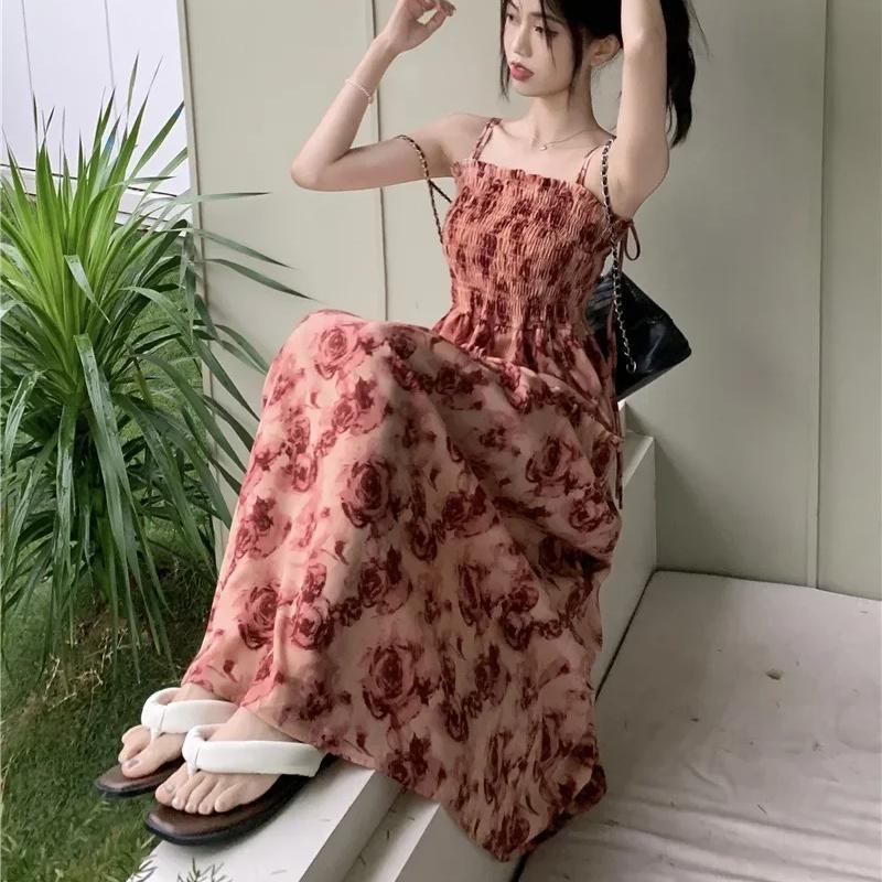 French Rose Print Lace Dress for Women Summer Autumn New Design Sense High Waist Wrapped Chic Strap Long Dresses