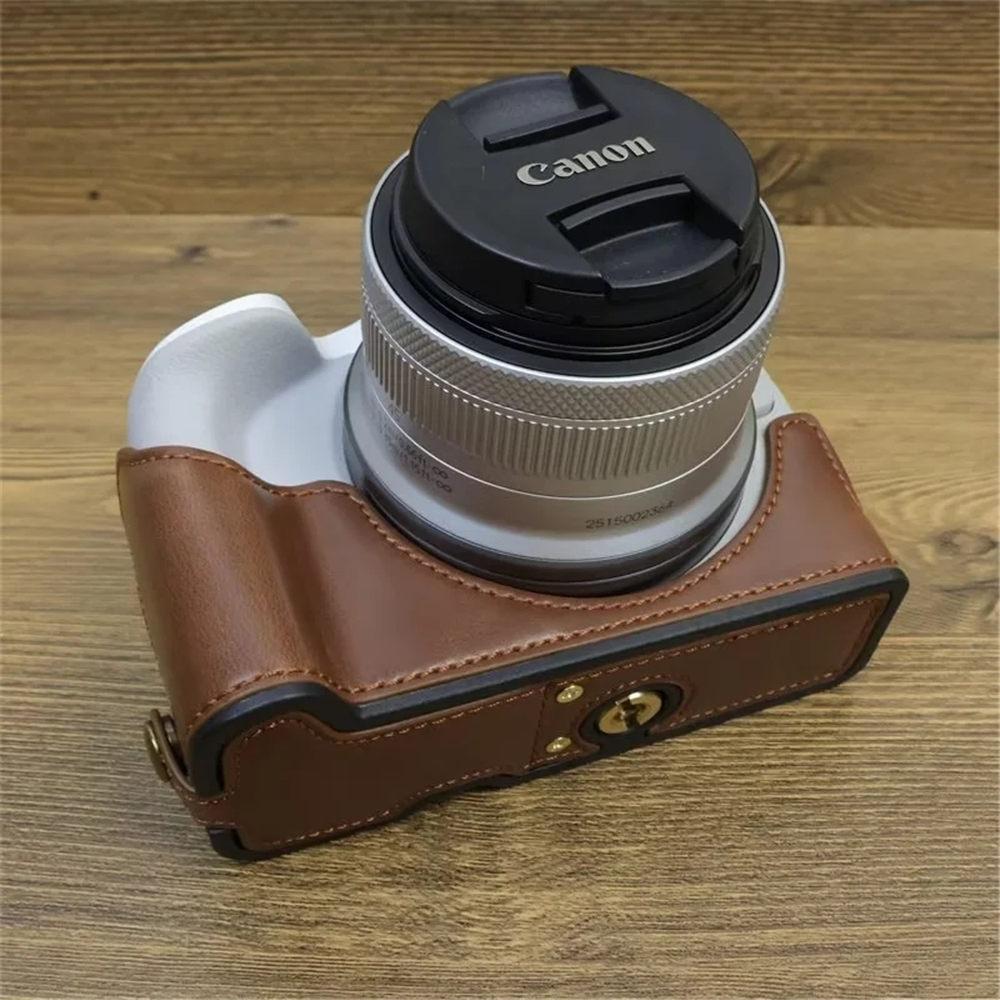 Półpokrowiec na aparat z PU skóry dla Canon EOS R50 R100, dolna pokrywa z paskiem na rękę, otwór na baterię