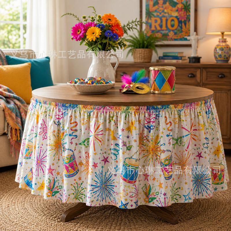 Tropical Plant Print Round Tablecloth Carnival Party Decor Festive Table Skirt In Geometric Abstract Design