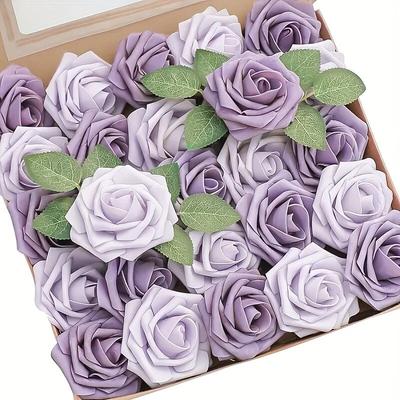 Artificial Flowers 25pcs Real Looking Lavender African Violet Purple Foam Fake Roses with Stems for DIY Wedding Bouquets Bridal