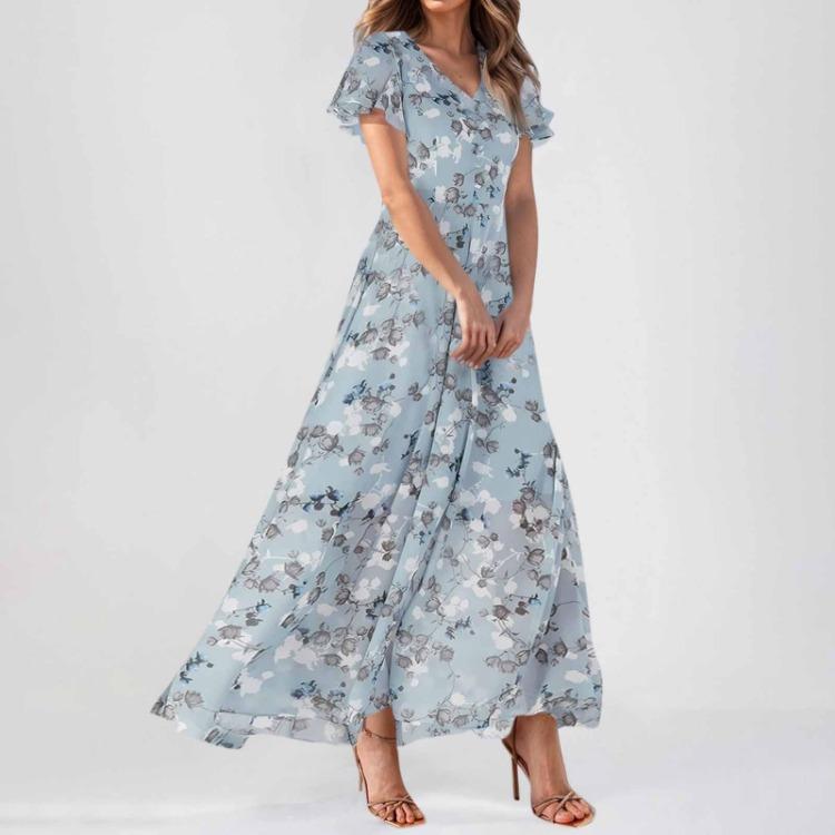 Elegante Lässige Blumen-Maxikleider für Damen Sommer Hochzeitsgast Chiffon Fließend Kurzarm Niedliche Kleider