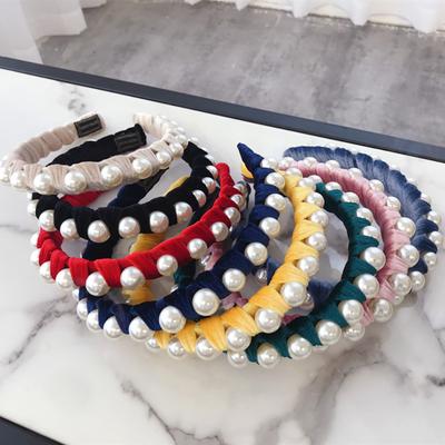 Fashion Women Faux Pearls Inlaid Velvet Wrap Hair Hoop Wide Headband Accessory
