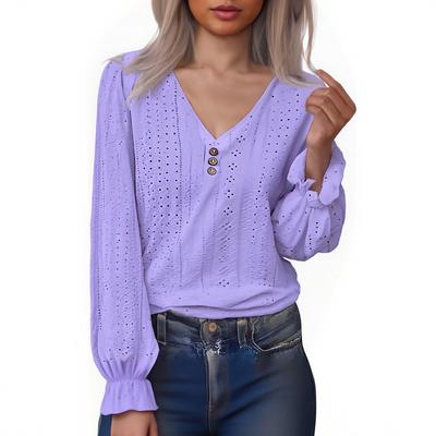 Women's V,neck T,shirt With Spring  Hollow Out Casual Pleated Sleeve Top