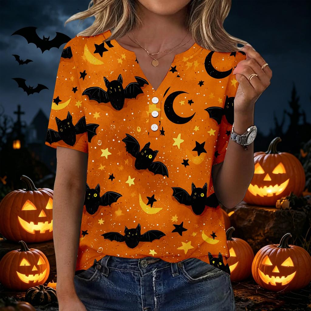 Women's Casual Halloween Print V Neck Short Sleeve Button Front Top Lightweight Comfortable Fit