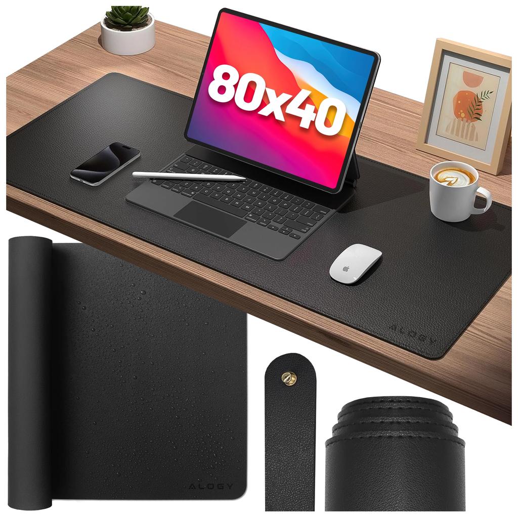 Podkładka Na Biurko 80×40 Cm - Antypoślizgowa Mata Ochronna Z Eleganckiej Ekoskóry Pu, Pod Mysz I Klawiaturę, Stylowa I Trwała - Alogy Workmat™ Czarna