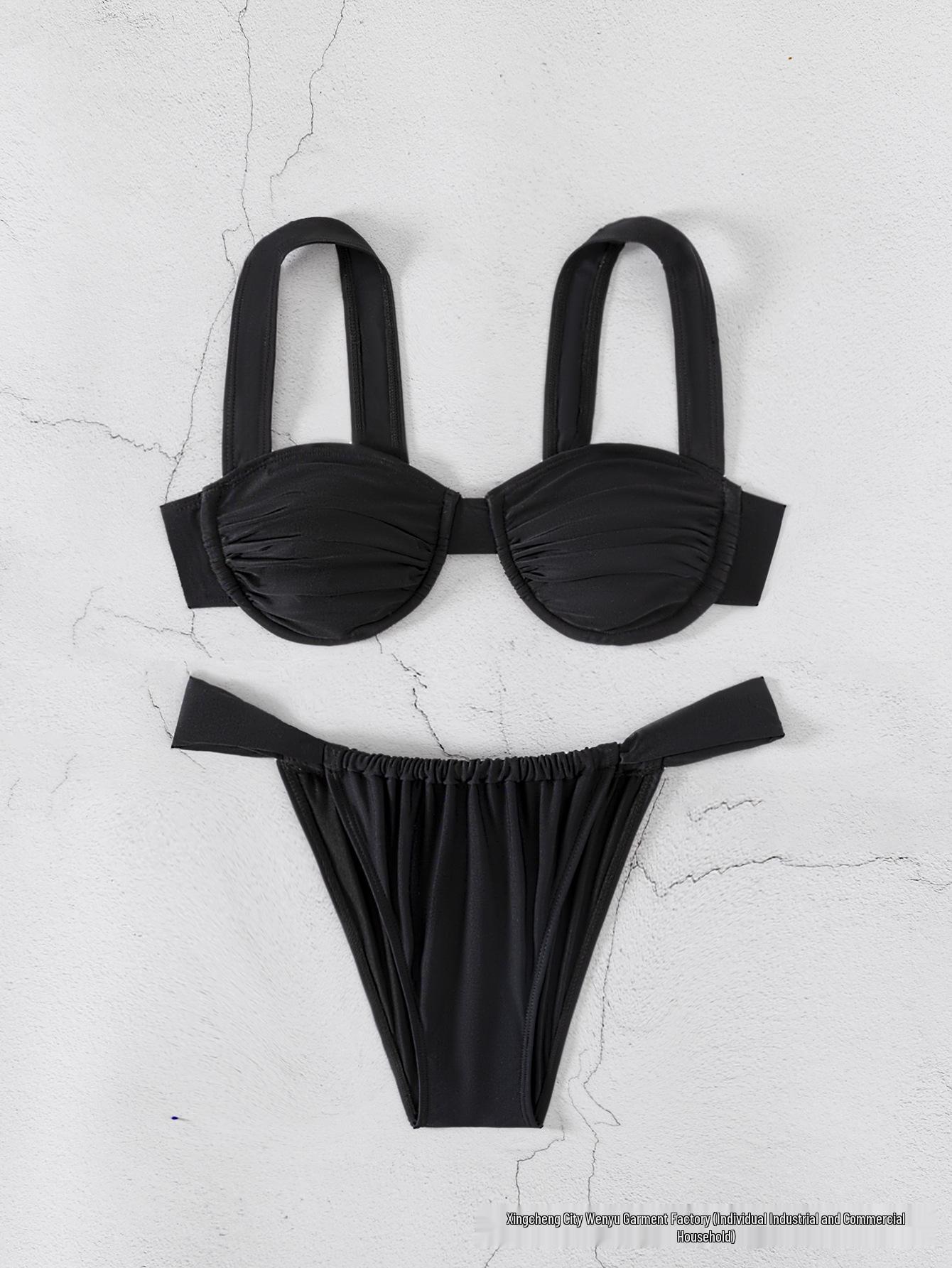 

2025 Стильный европейский и американский однотонный купальник бикини с жесткой чашкой Extra Large чёрный