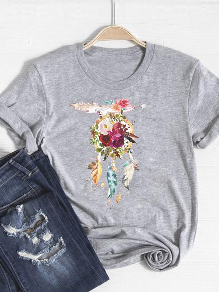 Print T Shirt Short Sleeve Flower Vintage Cute S Summer Top Fashion Clothes Women Clothing Gray Basic Tee Graphic Tshirt