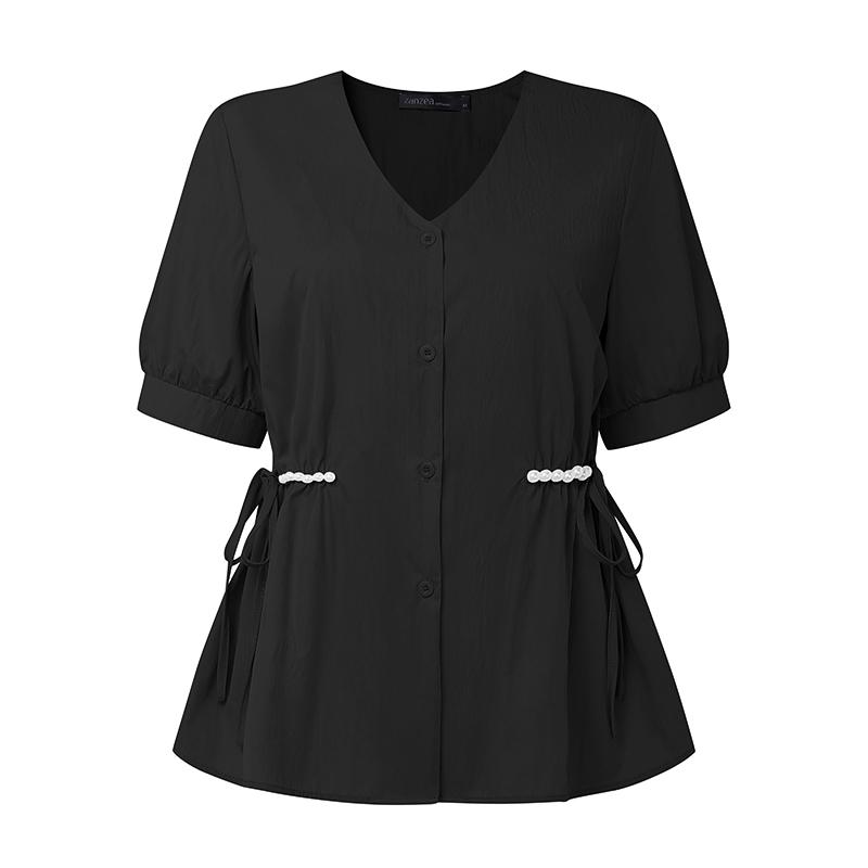 

ZANZEA Женская блузка с V-образным вырезом, рукавами-буфами, кулиской сбоку, бисером, оборками, повседневная S чёрный