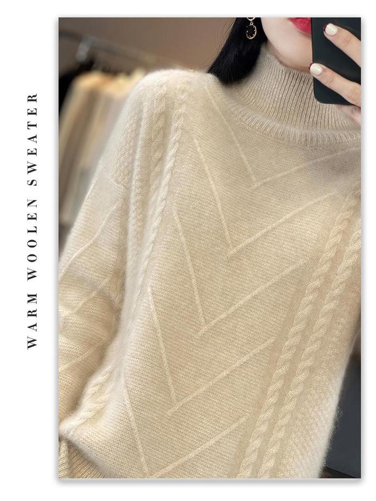 Women's 100% Wool Knitted Sweater - Autumn/Winter, Thick, Semi-High Neck, Lazy Style