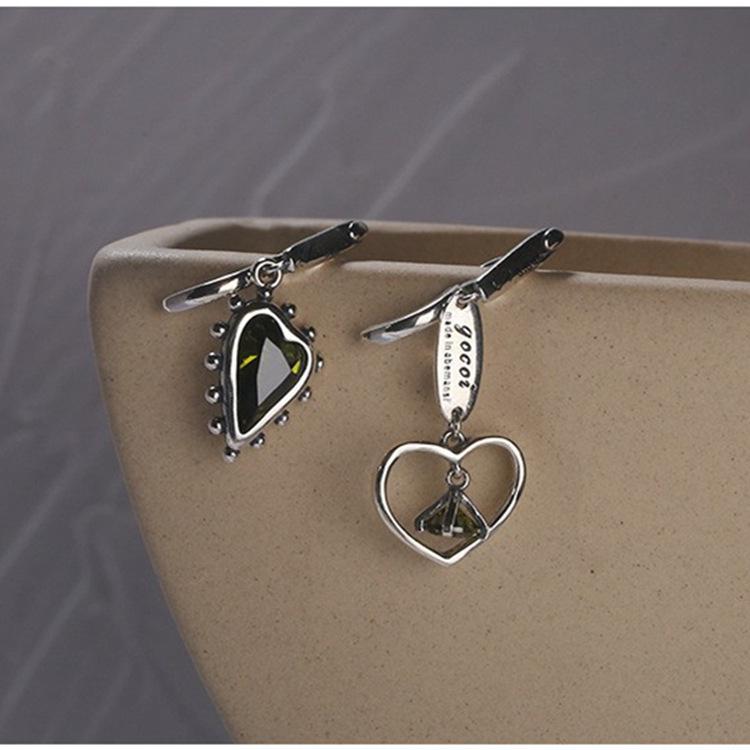 

Корейські асиметричні ретро сережки-підвіски з самоцвітами та листом кохання, голка зі срібла S925