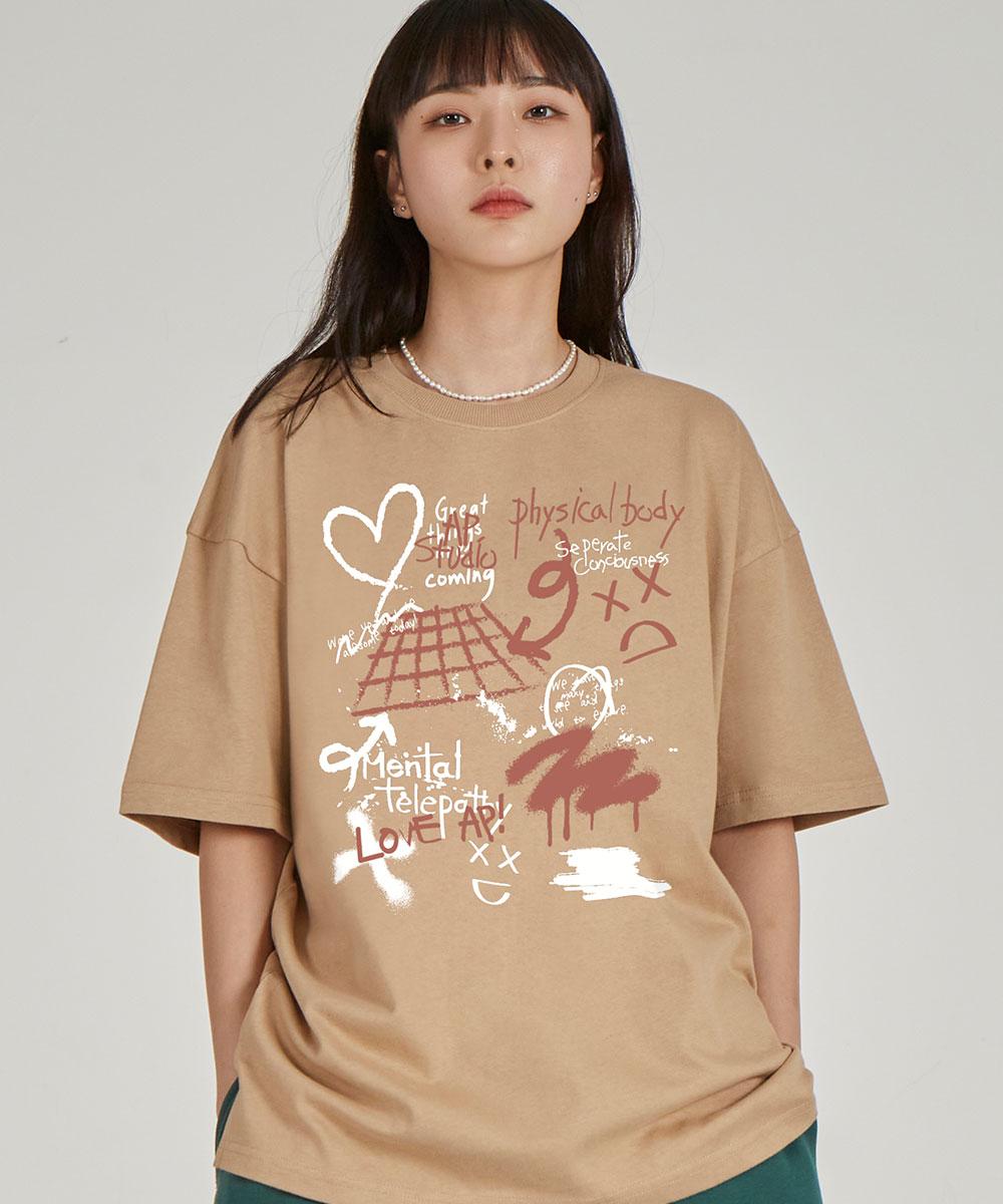 Astral Projection Front Astral Graffiti Round Neck 15-Count Cotton Short Sleeve T-Shirt_Beige L