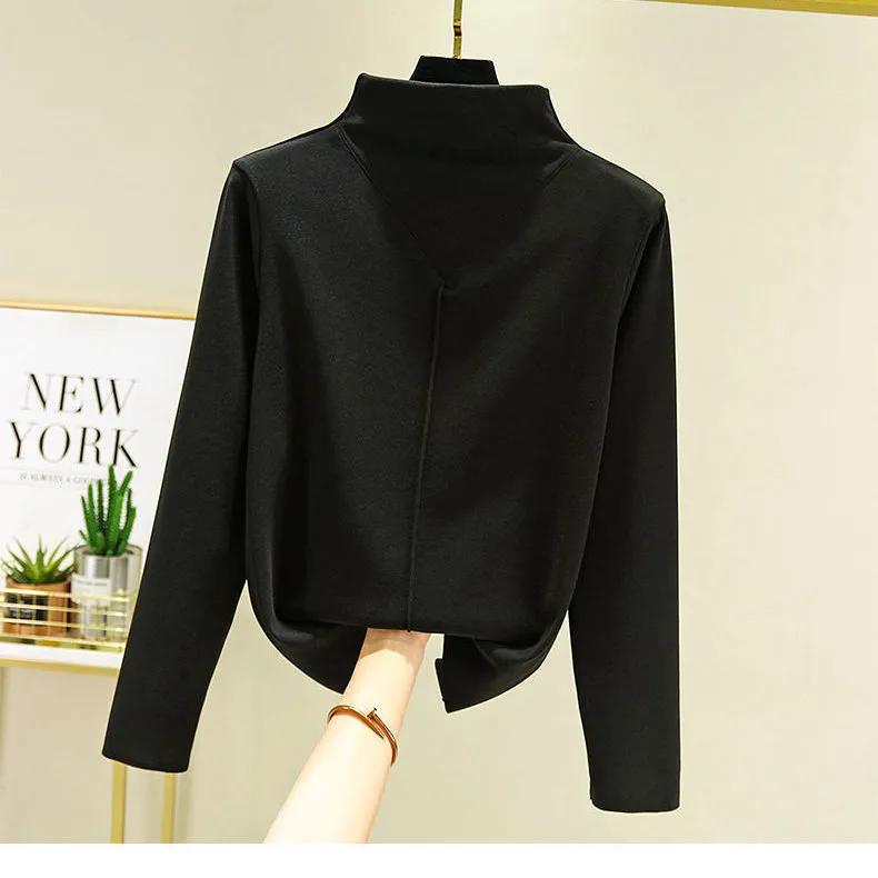 Warm Double-sided German Velvet Semi High Neck Self Heating Slim Fit Versatile T-shirt with Cationic Base for Women