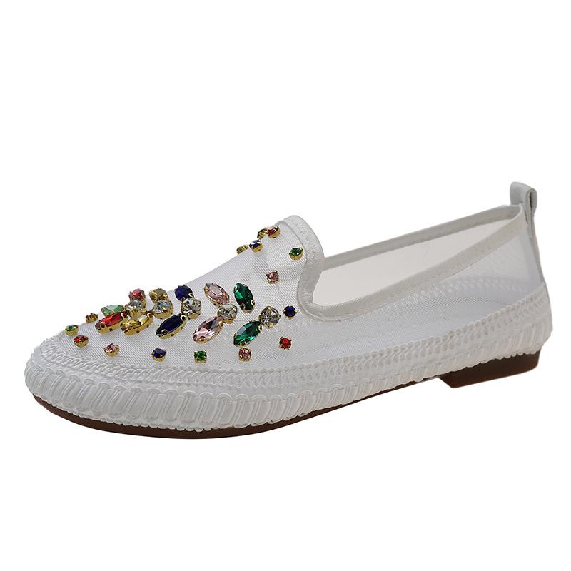 Rhinestone Fisherman Shoes Women's 2024 Spring and Summer New Korean Version Mesh Round Head Low Heel Casual Comfortable Doudou Shoes