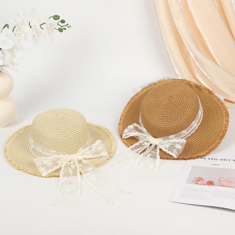 Summer New Lace Bow Straw Hat Flat Top Sunscreen Women's Outdoor Big Brim Sun Hat Sweet Streamer Hat