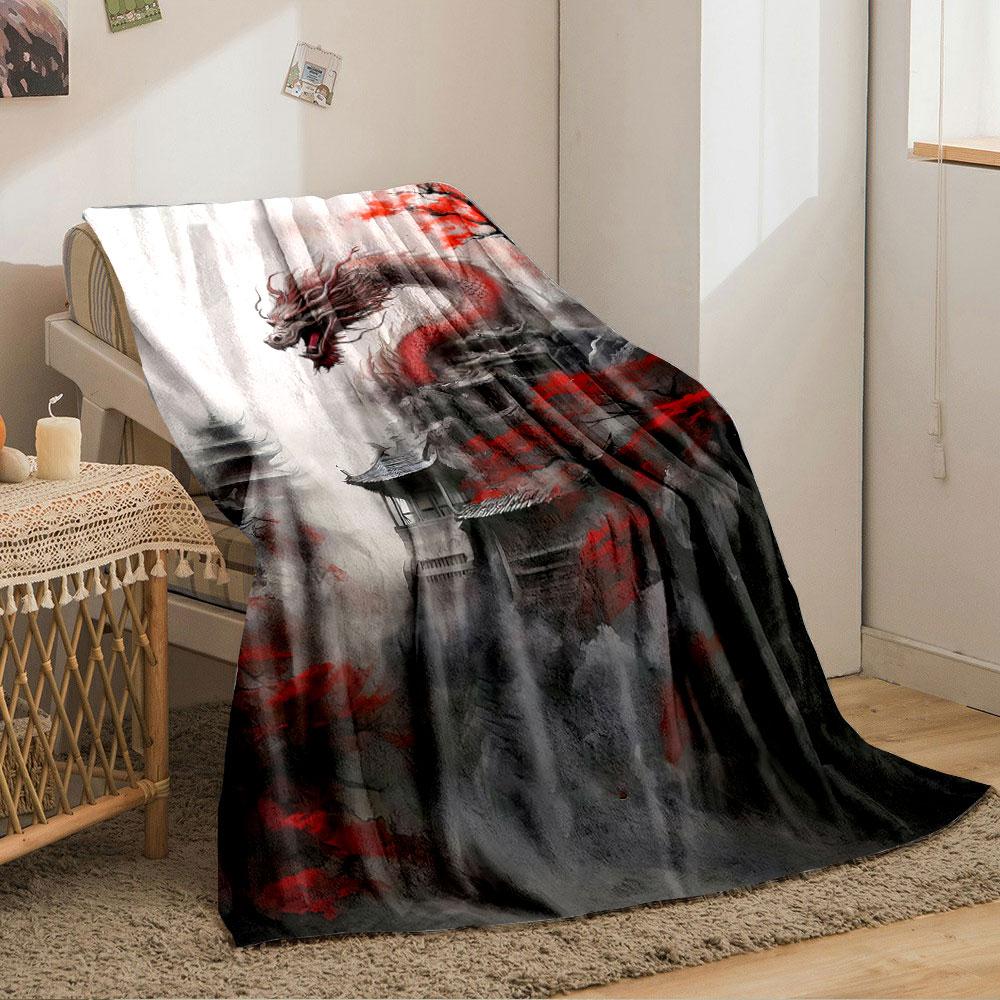 A red dragon surrounded by traditional architecture and vibrant trees. for all seasons blanket lunch break throw gift