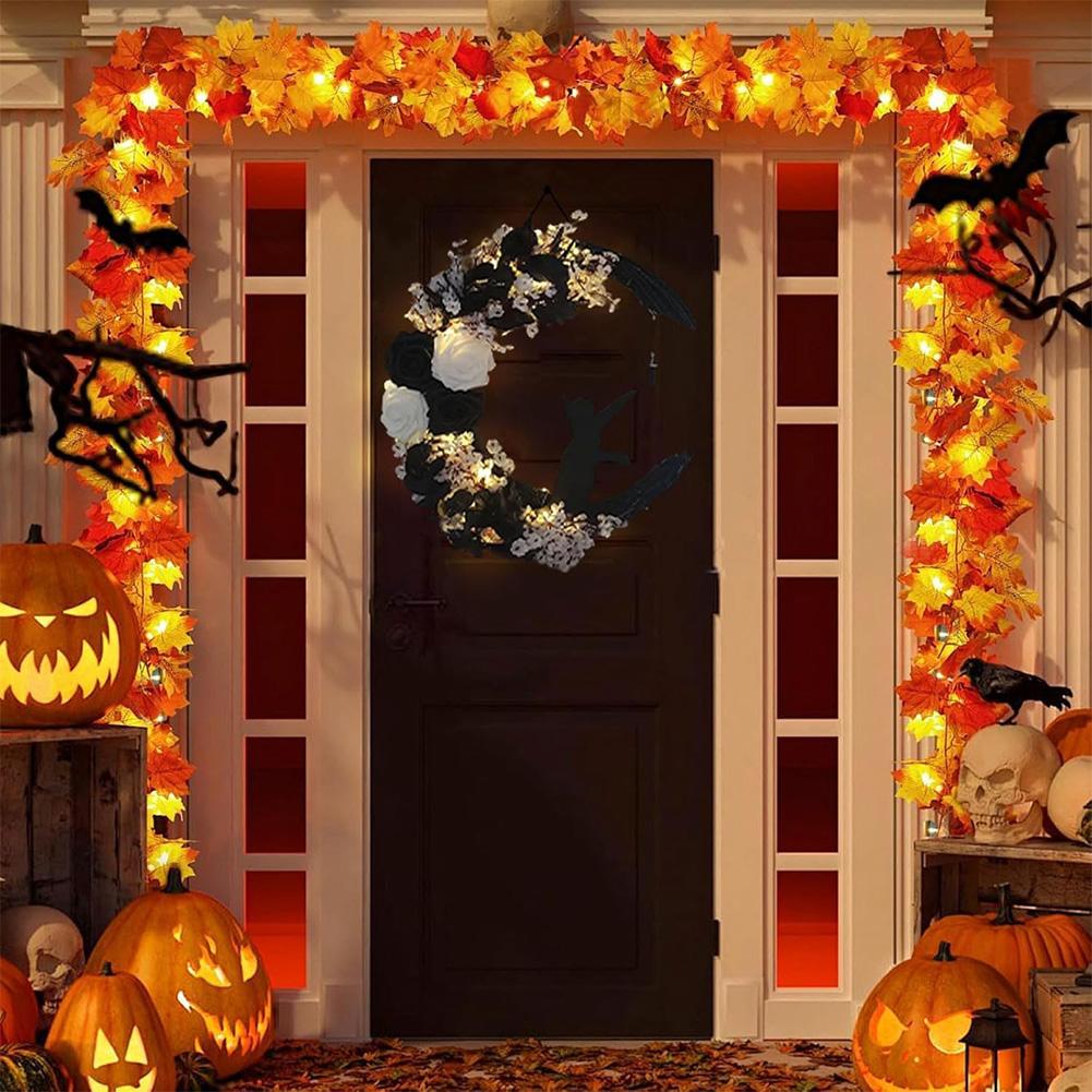 Gothic Wreath Decoration with Lights Halloween Moon Wreath with Black Cat Halloween Moon Cat Wreaths Halloween Decorations