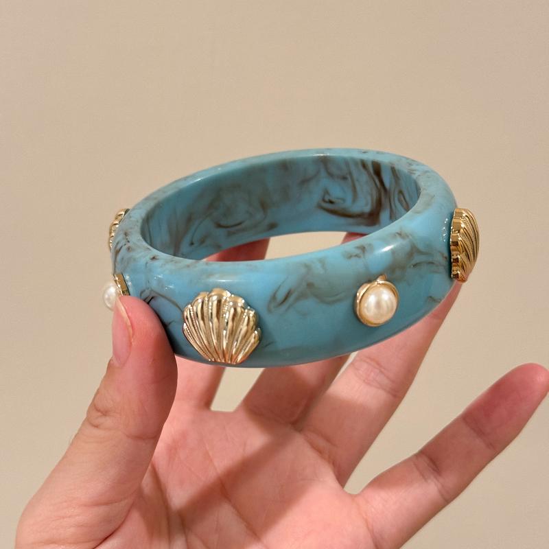 Pearl & Seashell Embedded Cuff Bangles - Ocean Theme Boho Resin Bracelet Trendy Stackable Bracelets for Women
