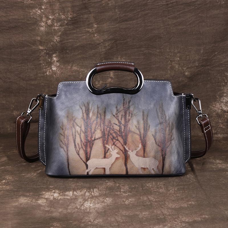 Leather handbag texture single shoulder oblique straddle bag vintage handmade wealth has deer woman bag