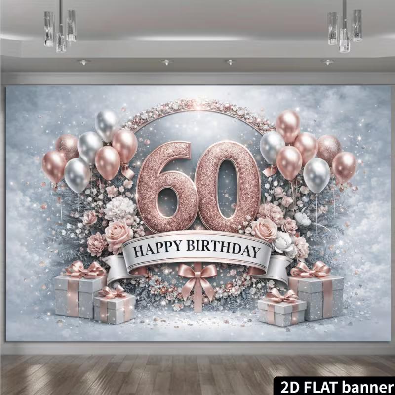 

2D Elegant Rose Gold Balloon & Floral 60th Birthday Backdrop Banner 47.2x31.5inch/120*80cm