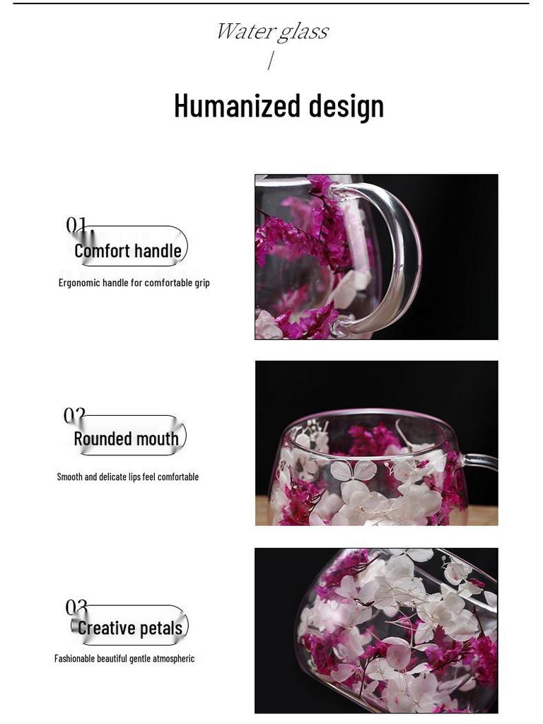 Creative Double-Layer High Borosilicate Glass Cup with Real Dried Flowers, Ideal for Milk or Juice