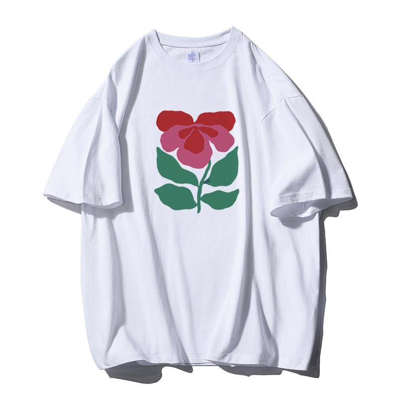 Shellsuning Krásné Květiny Tištěné Tričko pro Ženy Letní Nadměrné Ležérní O-výstřih Jednoduché Univerzální Dívčí Trička Základní Harajuku Pár Topy