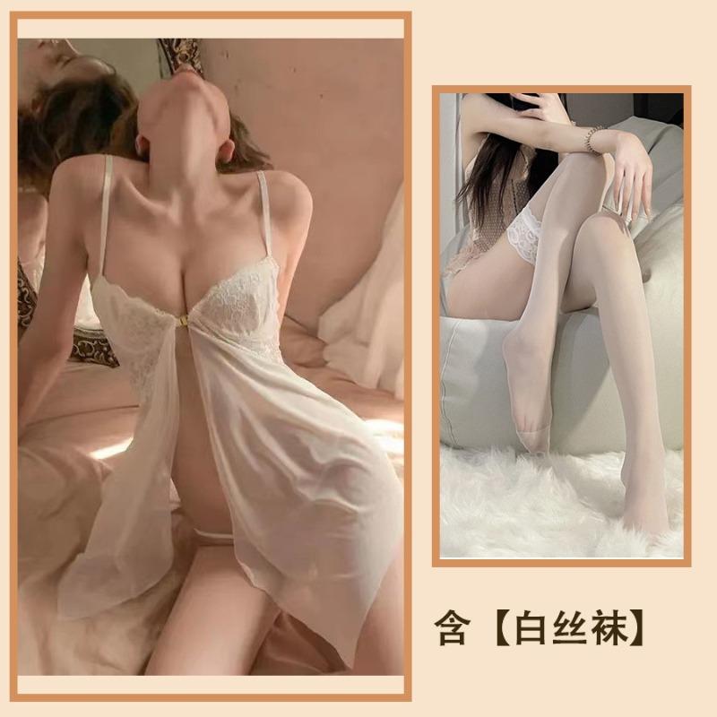 Sexy lingerie front buckle mesh perspective temptation pajamas split suspender free nightdress