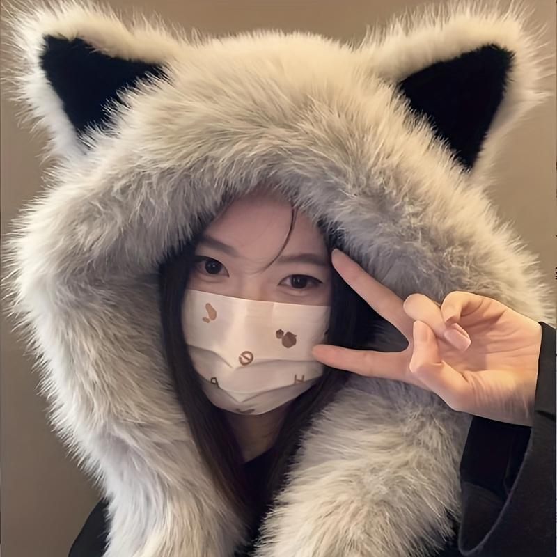 A Soft Polyester Faux Fur Cat Ear Hat with an Integrated Scarf, Suitable for Both Men And Women In Winter, Stylish And Unisex,