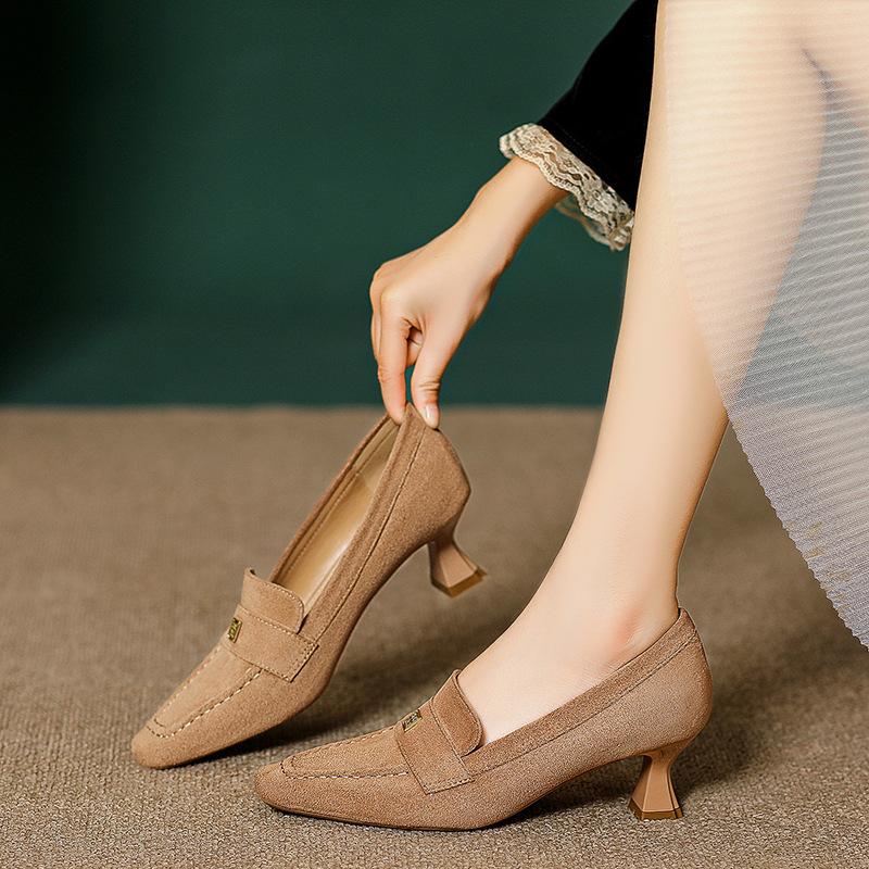 Square head high heels stiletto spring and autumn 2025 new deep mouth work shoes women's black French retro square head single shoes