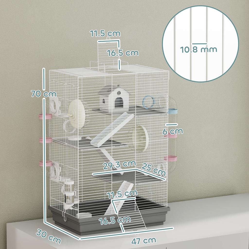 4-Tier, 16-Tube Hamster Cage with House, Ramp, and Accessories, Metal and Plastic, 47x30x70 cm, Grey