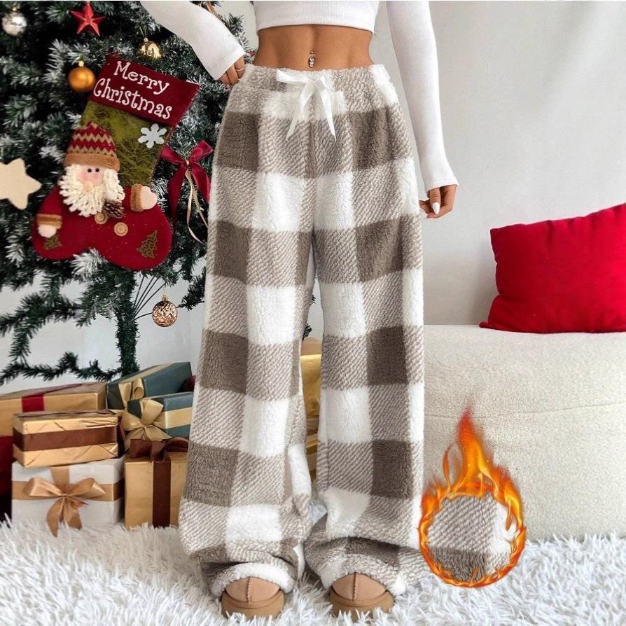 New Style Women's Pants - Winter Edition - Retro Elastic Checkered Straight-leg Loose-fitting Thick and Warm Casual Pants