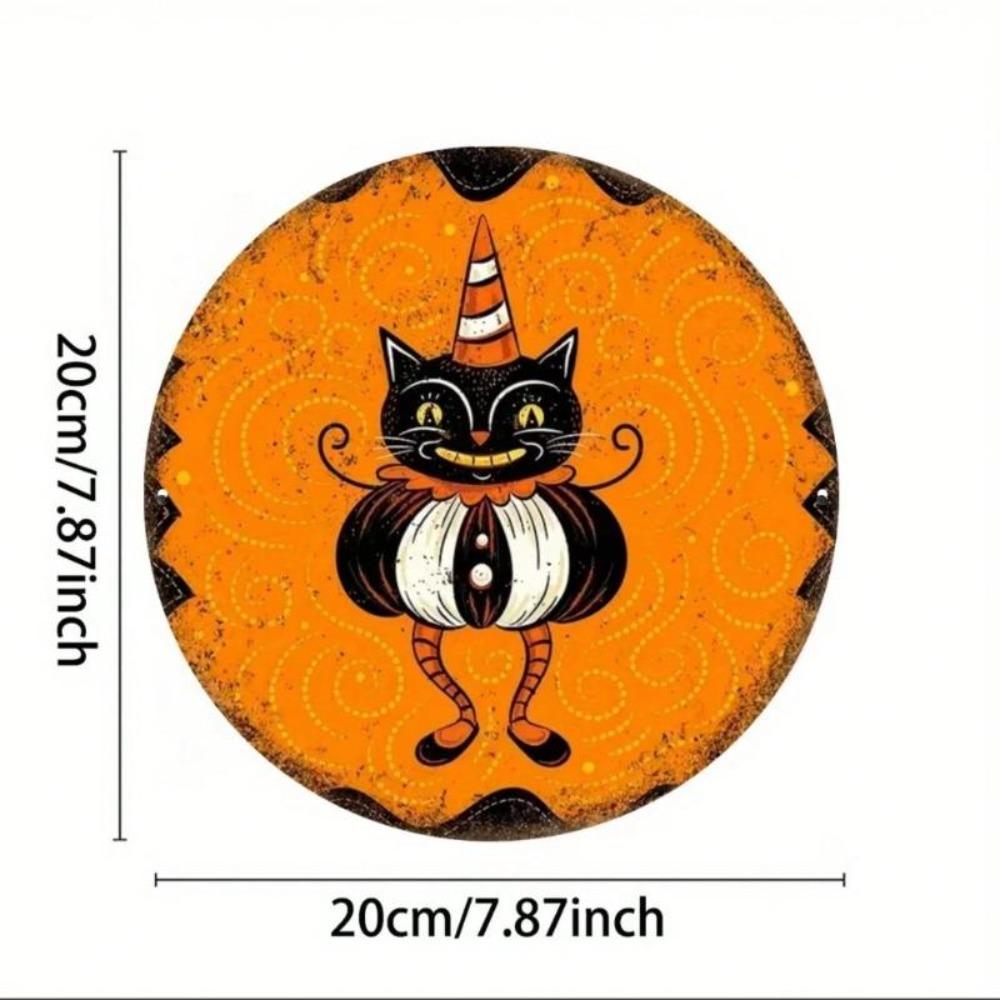 Vintage Black Cat Halloween Metal Wall Art Round Iron Sign Orange Black Home Decor