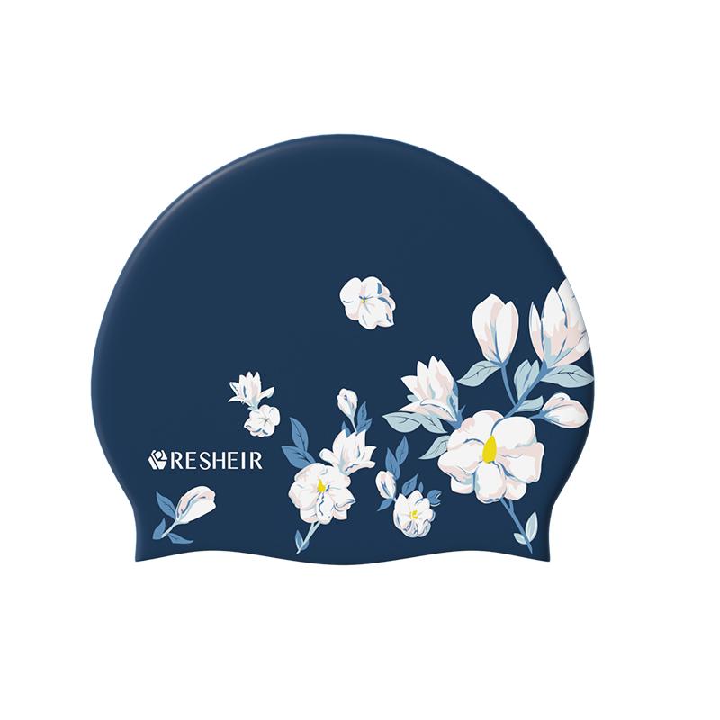 Silicone Swimming Cap Waterproof High Elastic Swim Cap for Women Long Hair Comfortable Adults Printed Swimming Cap темно-синий