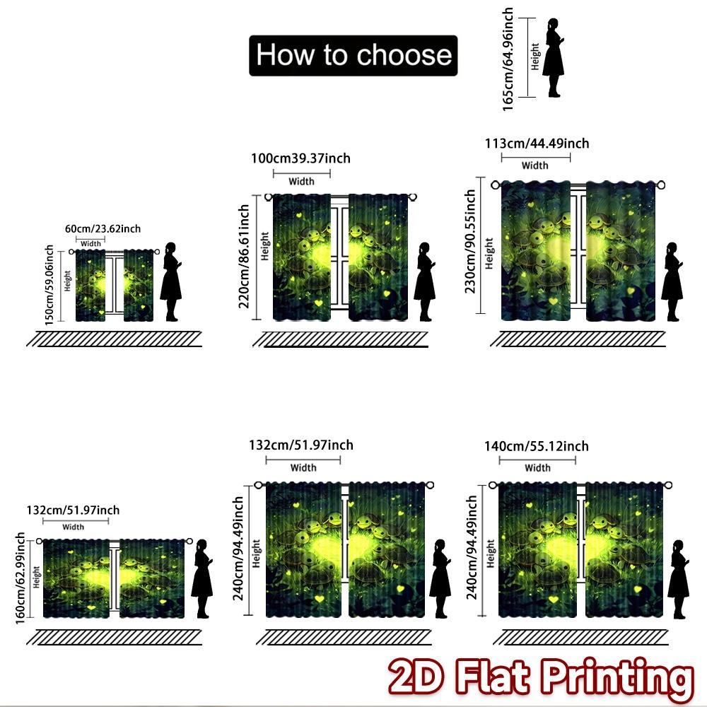 2D Flat Printing 2pcs Curtains Cute Turtles Glowing Hearts Digital Printed Polyester Drapes Birthday Party for Indoor