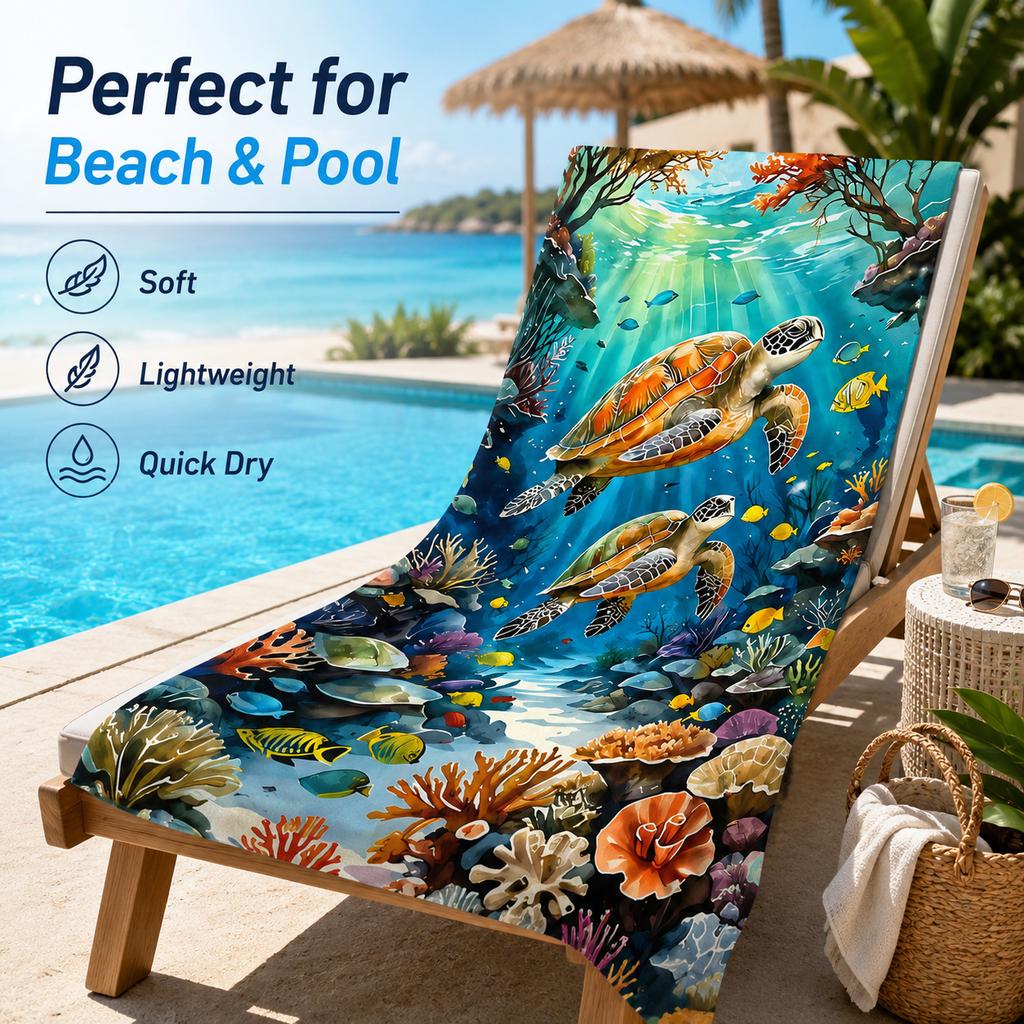 Sea Turtle Beach Towel Flat Print Colorful Ocean Life Coral Reef Bath Towel for Outdoor Travel Pool Picnic Blanket