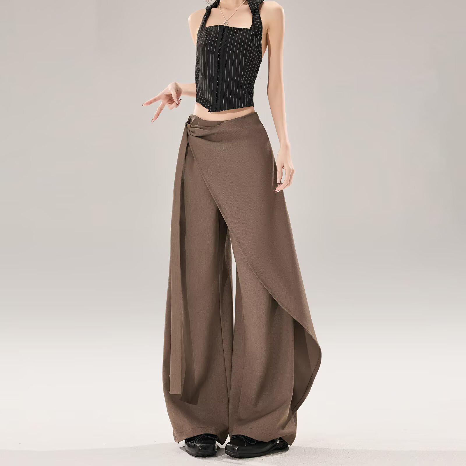 

Women s Grey Irregular High-Waisted Wide-Leg Pants - 2026 Slimming Drapey Casual Style XL коричневый