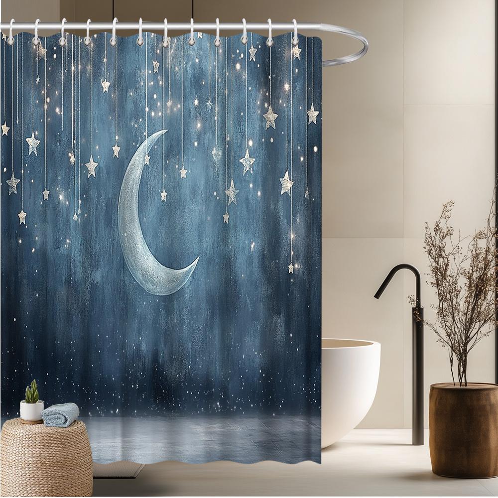 

Night Sky Shower Curtain - Crescent Moon & Twinkling Stars, Blue & Grey Polyester, Fade-Resistant, Starry Bathroom Decor W60H190(CM)-1 Pcs