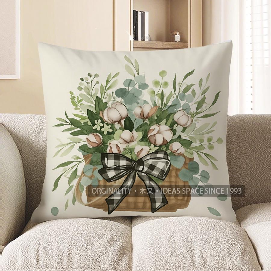 Home Decor Floral Basket With Bow Throw Pillow Cover Pattern Cushion Cover Suitable For Sofa Bedroom Car Pillow Cover