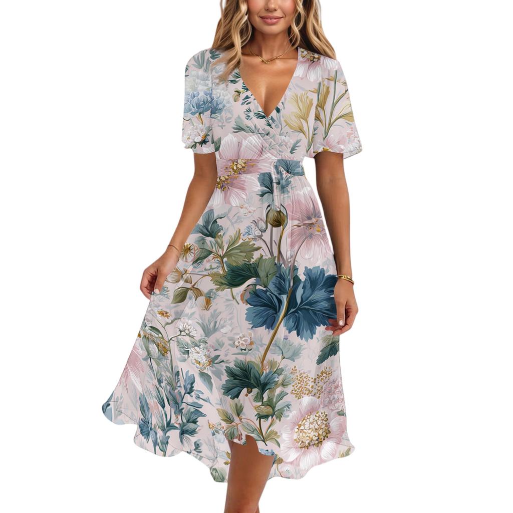 Women's Casual V Neck Short Sleeve Floral Print Dress Lightweight Summer Midi Dress with Elastic Waist and Flared Skirt for Daily Wear