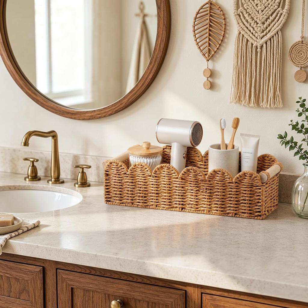 Farmhouse Wicker Basket for Toilet Tank Top - Boho Bathroom Organizer with Solid Wood Handles Neutral Decorative Storage Basket for Living Room Bed