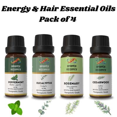 Ananta Energy & Hair Essential Oil Combo – Peppermint, Eucalyptus, Rosemary & Cedarwood Aroma Oils (10 Ml × 4)