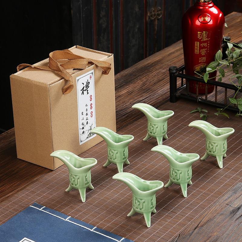 6pcs/set, Antique Ceramic Imperial Wine Cup, Chinese Style Liquor Glass, Gift Box Packaging Celadon Wine Cup, Ceramic Wine Set
