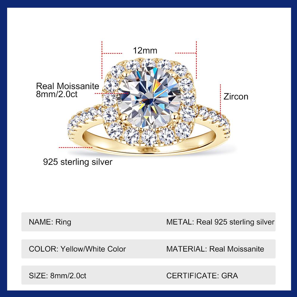 2CT GRA Gecertificeerde Moissanite Ring voor Dames 8MM Briljante Diamant Bruiloft Vingerringen 925 Zilveren Band Verguld 18K Goud