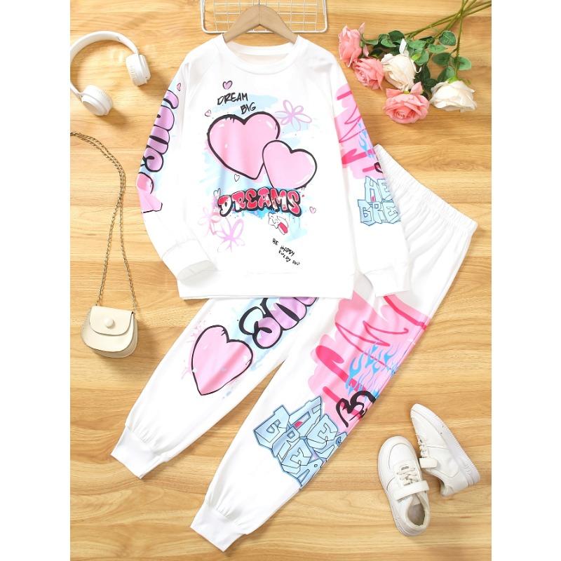 

Комплект для девочек: футболка с длинным рукавом, круглым вырезом и принтом в виде сердечек + широкие брюки свободного кроя, весна, осень, зима, для повседневных прогулок 80cm