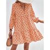 2026 V-neck Print A-line Women Dress Vintage Long Sleeve Ruffled Summer Short Dresses Lace-up Lady Casual Beach Boho Dress 28719